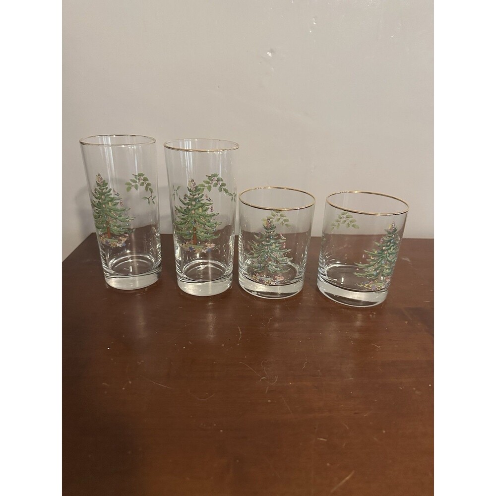 VTG Set of 4 Libbey Christmas Glasses Gold Rimmed 2 Sizes